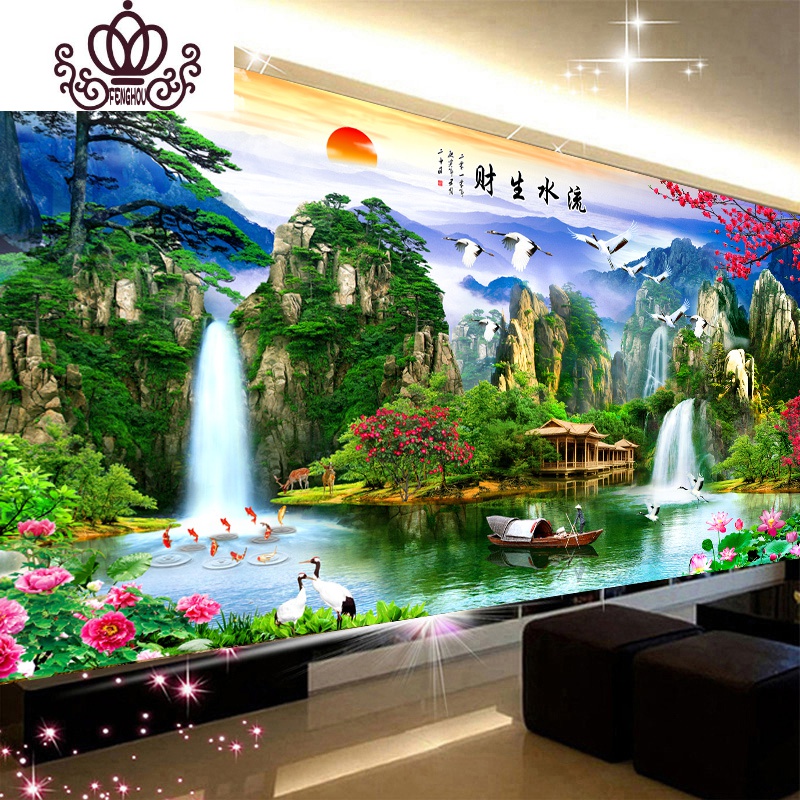 封后(fenghou)2019新款流水生财迎客松十字绣自己绣客厅山水画风景