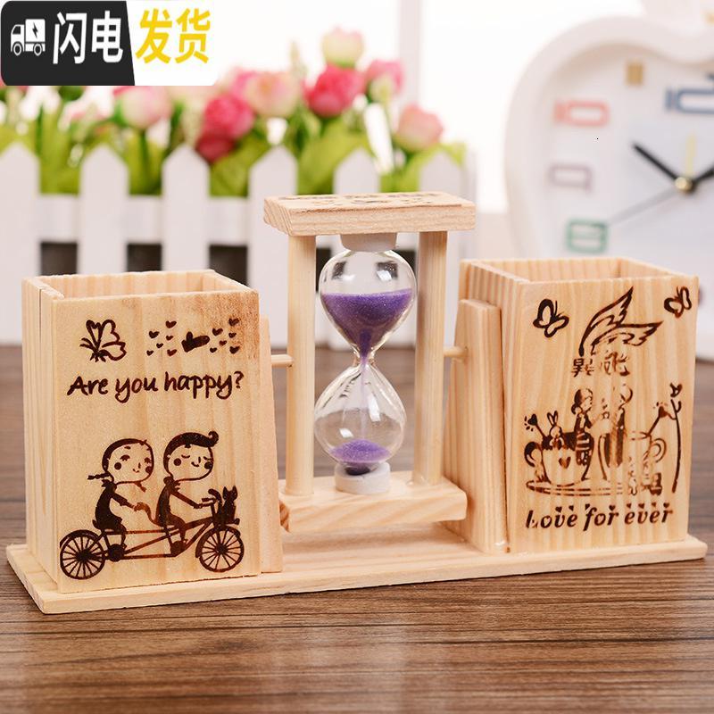 三维工匠学生木质桌面卡通双筒笔筒带旋转沙漏可爱办公桌创意笔插收纳摆件 二个沙漏+笔筒+包装高清大图