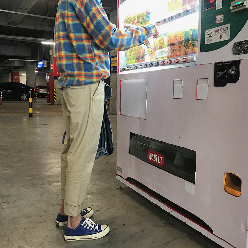 夏季年轻港风直筒男式休闲裤子工装裤韩版纯色九分裤男宽松潮男裤