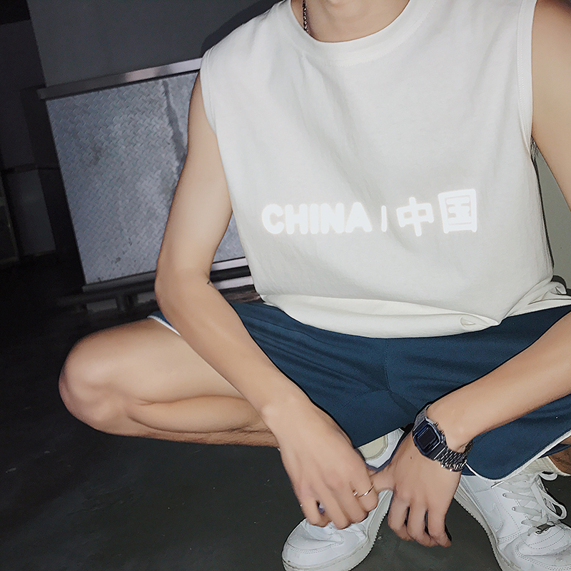 原创港风青少年宽松夜光印花针织背心夏款新款男士圆领无袖T恤衫