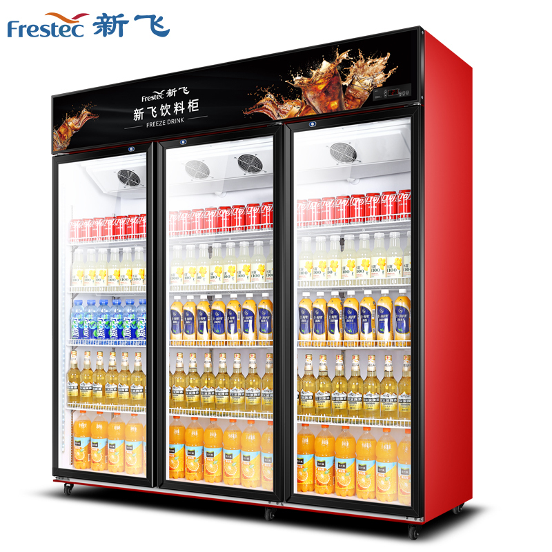 新飞(Frestec)冷藏展示柜商用大容积立式三门陈列柜冷柜保鲜柜玻璃门冰箱超市便利店饮料柜 风冷三门1300L黑红色