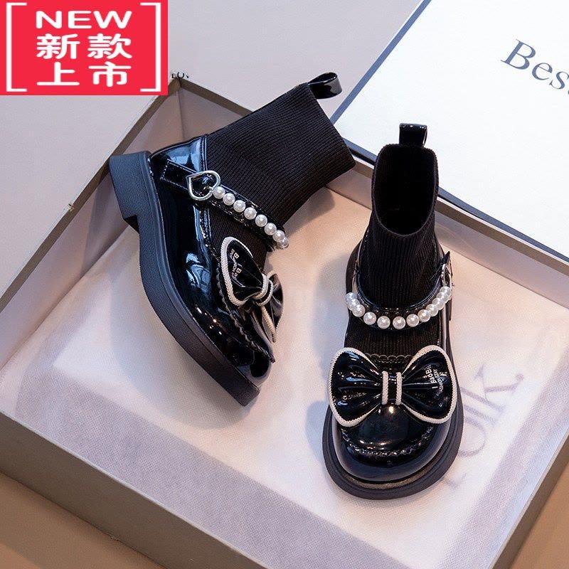 可莉允童鞋女童靴子春秋新款软底二棉袜靴中大童黑色玛丽珍马丁靴小女孩图片