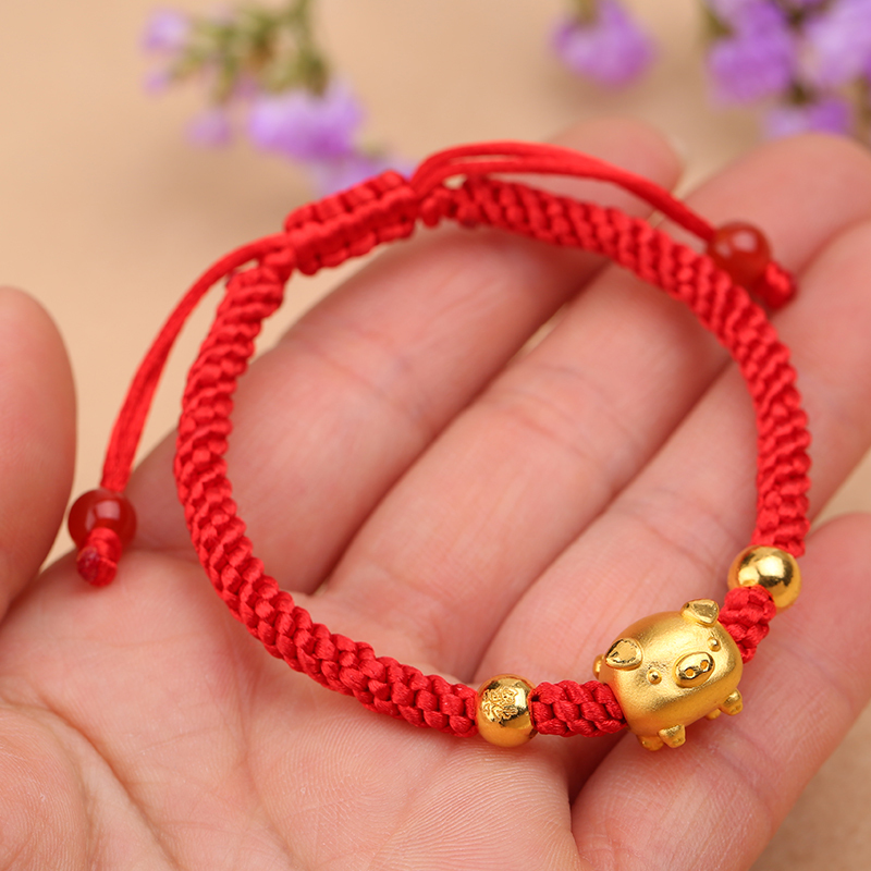 印象眸手工编织金猪手链男女款黄金珠情侣十二生肖黄金配饰萌猪手链