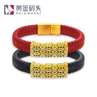黄金码头 3D硬金足金999复古个性刺青串珠手镯皮绳情侣手链表白求爱首饰礼物