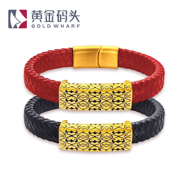 黄金码头 3D硬金足金999复古个性刺青串珠手镯皮绳情侣手链表白求爱首饰礼物