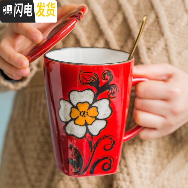 三维工匠手绘欧式马克杯大容量创意陶瓷杯个性轻奢情侣杯子潮流水杯带盖勺 红色金色勺+陶瓷盖高清大图