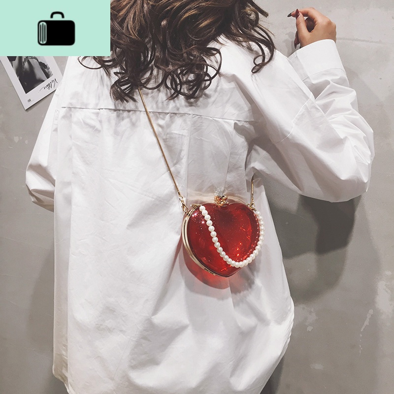 果冻包包女包新款2020个性爱心包透明珍珠链条百搭单肩斜挎晚宴包NEWLAKE 红色