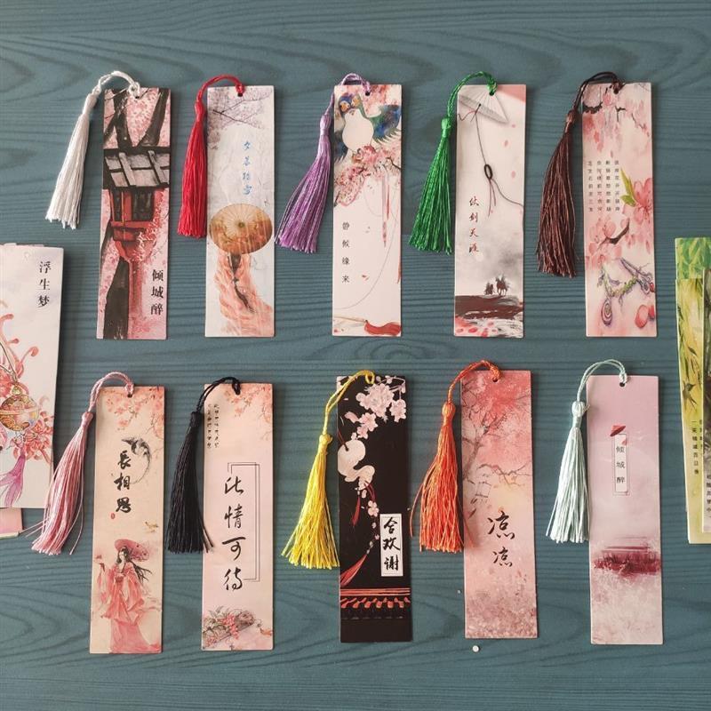 书签30张一套精美纸质礼物老师学生诗词风景古风油画卡纸|浮生若梦30张+流苏30个