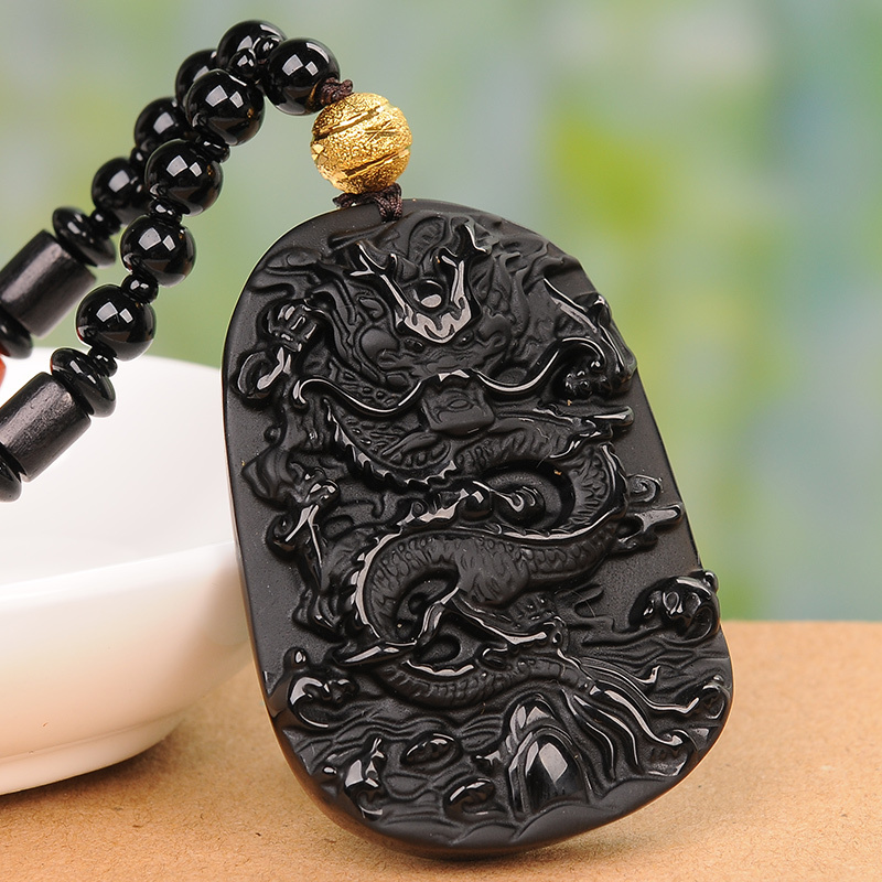 黑曜石龙牌坠男款生肖龙项链挂件黑耀岩坠饰品送女朋友七夕情人节礼物