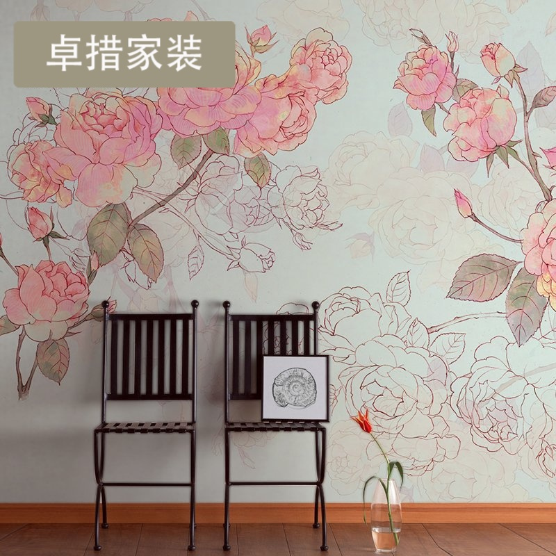 原创手绘田园蔷薇客厅壁纸 大型壁画定制花卉墙纸电视背景墙壹德壹