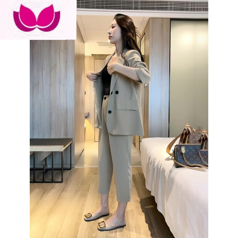 七斓夏装休闲时尚西装套装女新款设计感绿色西服外套显瘦阔腿裤套 L建议110-120斤 卡色套装