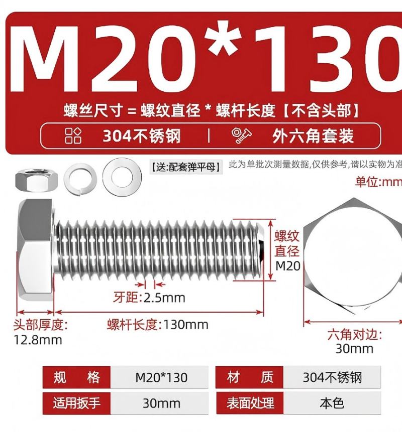 固万基 六角头螺栓 M20x130(单位:只)高清大图