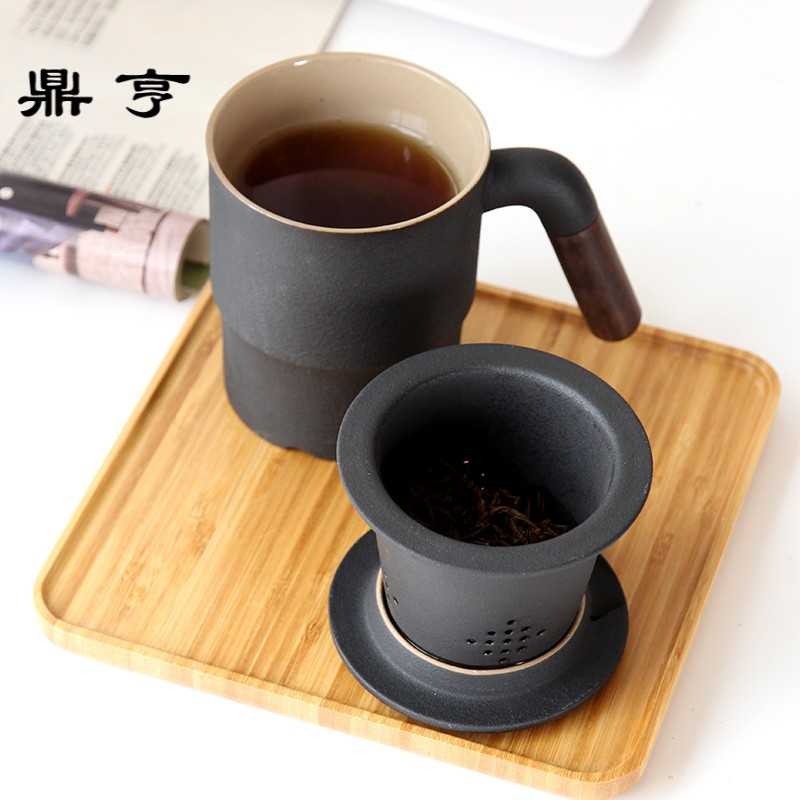 鼎亨简约大容量马克杯陶瓷水杯带盖过滤茶杯家用办公室复古泡茶杯
