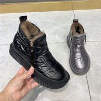[真兔毛]2020冬新款防滑轻底加绒大棉高帮拉链羽绒服面百搭短靴 黑色 偏大一码 35
