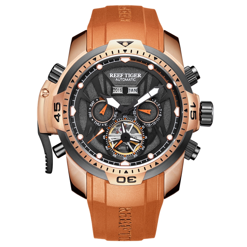 瑞夫泰格(reef tiger)潮流手表多功能自动机械表男士真皮带防水大表盘厚重军表镂空时尚大气腕表RGA3532 玫金黑面橙针橙胶带