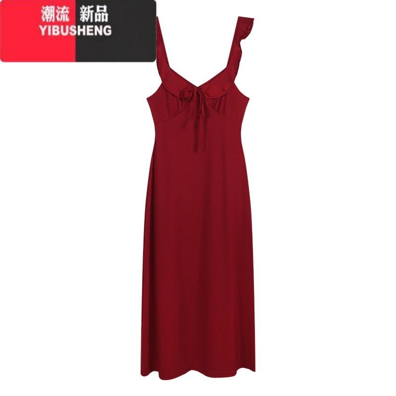 YIBUSHENG酒红色系带荷叶边吊带连衣裙女季纯欲风性感中长款收腰a字裙子图片
