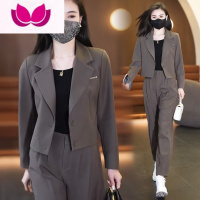 七斓时尚短款西服套装女春2023年新款小个子气质小西装哈伦裤套潮 L106-117斤 2302款咖色