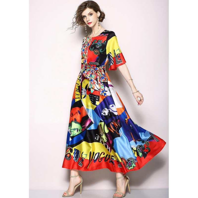欧美18春夏新款女装优雅涂鸦头像字母印花喇叭袖长裙时尚连衣裙