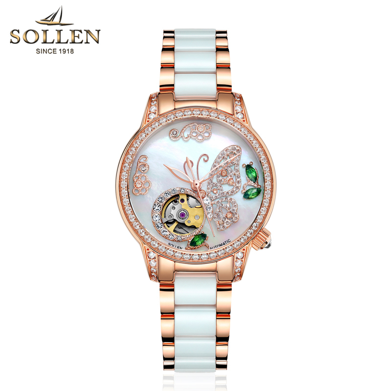 梭伦(SOLLEN)手表女自动机械表防水女表蝴蝶镂空时尚潮流镶钻陶瓷表SL406高清大图