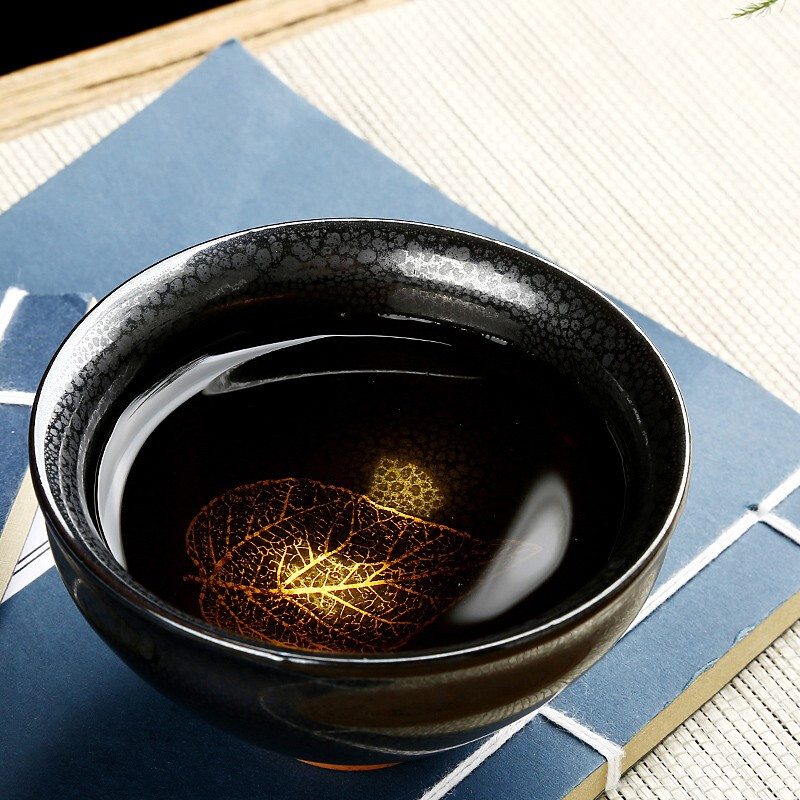 金镶玉 天目叶子盏茶杯 建盏杯陶瓷主人杯办公室功夫茶具个人品茗杯紫砂建盏茶杯130ml 口径8cm高清大图