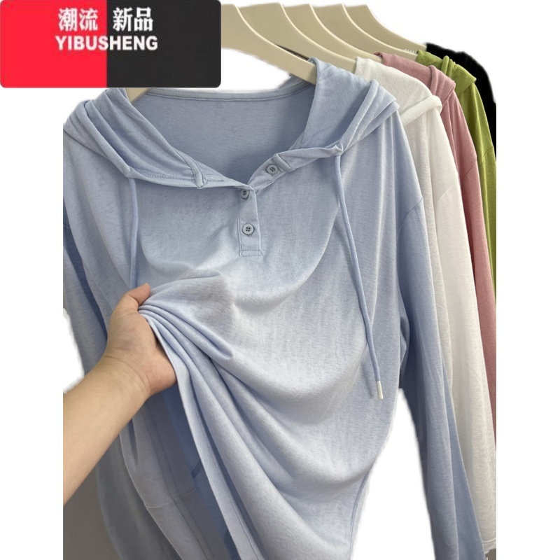 YIBUSHENG慵懒轻薄 凉感冰丝连帽防晒长袖t恤女韩版宽松休闲空调套头罩H高清大图