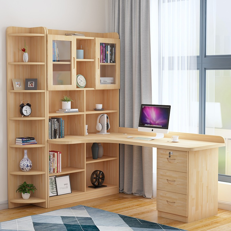 实木转角台式电脑桌带书柜书架一体学习办公桌组合写字台