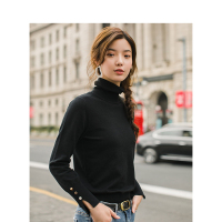 茵曼INMAN秋装新款袖口开衩纽扣个性时尚纯色高领毛衣女套头针织衫【F1883132663】