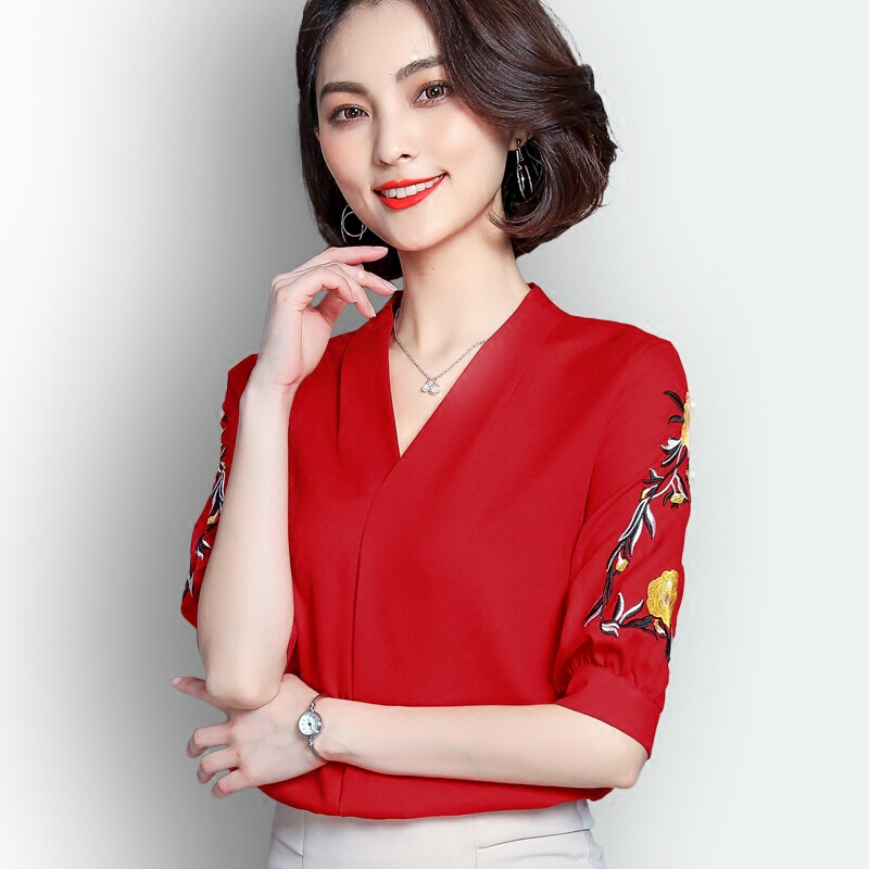 雪纺衫女短袖2018夏装新款宽松衬衣洋气百搭上衣V领小衫刺绣衬衫
