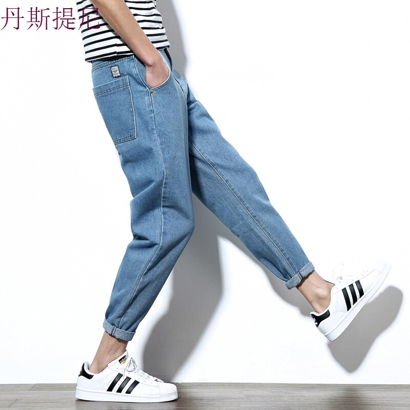 夏季新款浅色休闲牛仔裤男士加肥大码九分裤直筒裤哈伦裤潮男裤子