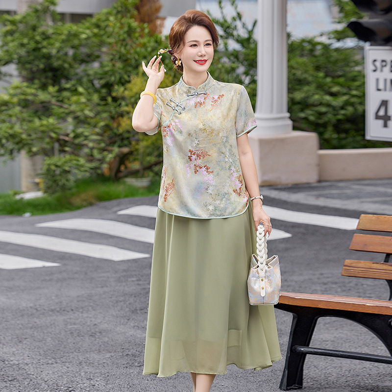纤孜雅 中年妈妈夏装假两件减龄连衣裙新款中老年女遮肚显瘦短袖裙子