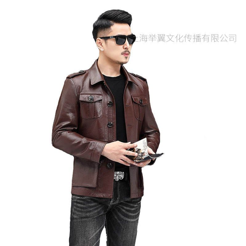 举翼王子新款海宁真皮皮衣男头层牛皮短款韩版修身翻领皮夹克中年夹克外套图片