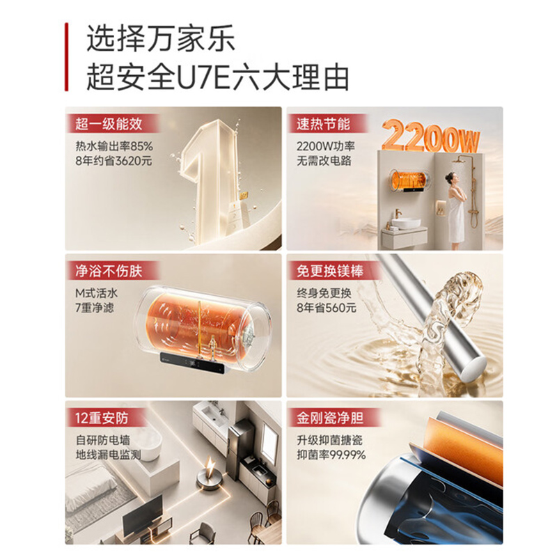 万家乐U7E镁棒免换 一级能效省电 健康抑菌 预约加热60升 家用储水式高清大图