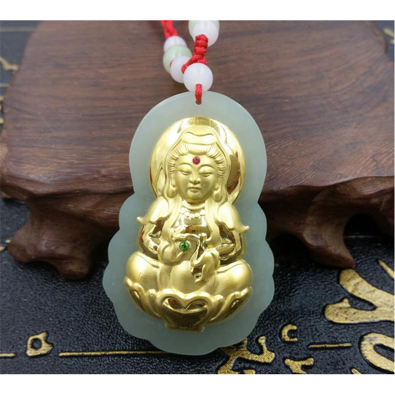 金镶玉3D硬金和田玉大号观音坠送礼4D镶嵌项链PTJWX5786送女朋友七夕情人节礼物