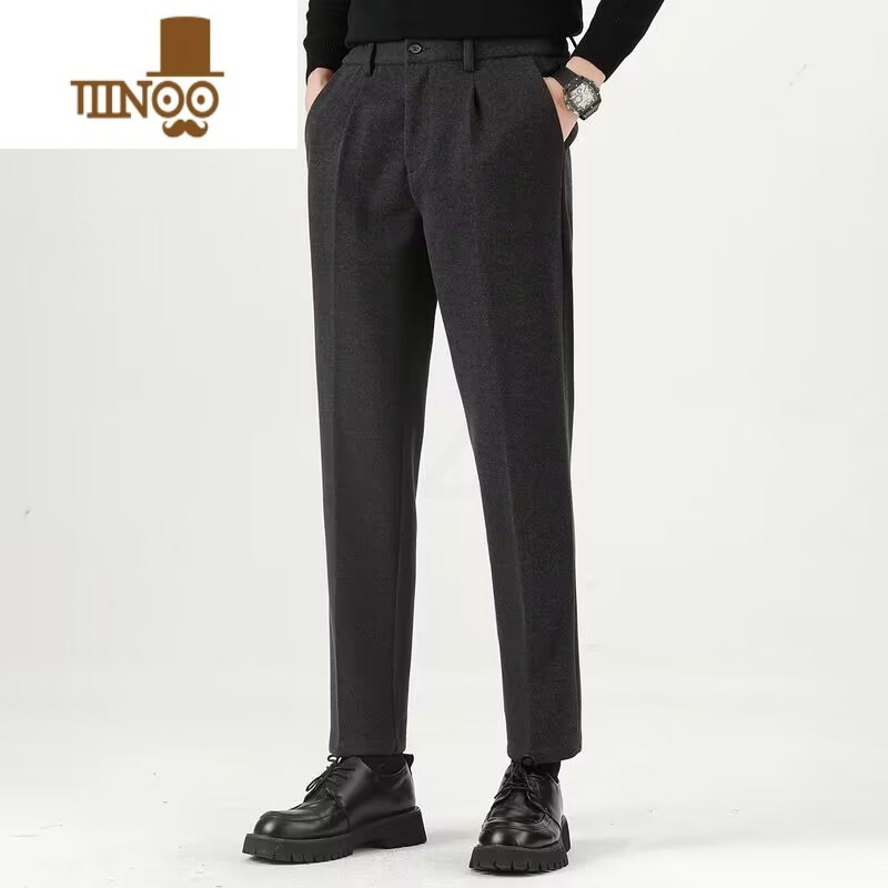 YANXU新款男士高端大码毛呢九分西裤加厚弹力垂感免烫休闲直筒长裤高清大图
