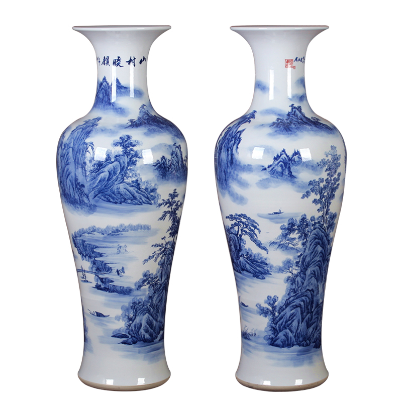 景德镇陶瓷器大花瓶手绘青花山水新房客厅酒店落地装饰品摆件 三维工匠 江山多娇1.2米高清大图