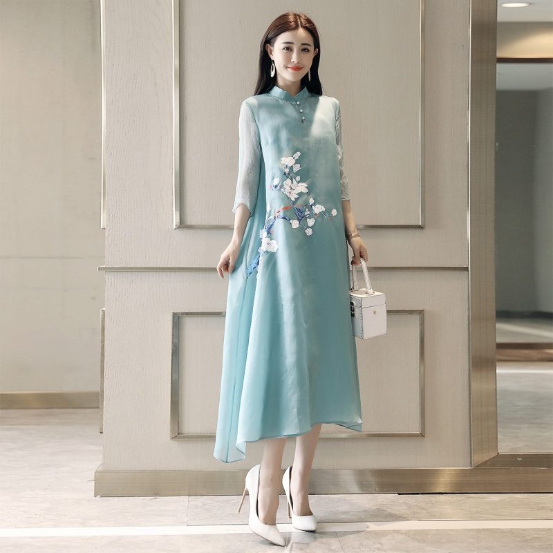女士新品中国风改良旗袍连衣裙民族风茶服禅意文艺长裙女装夏裙子