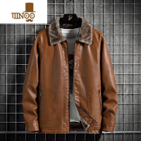 YANXU加绒加厚皮衣男士休闲翻领免打理爸爸冬装外套中老年冬季皮夹克男
