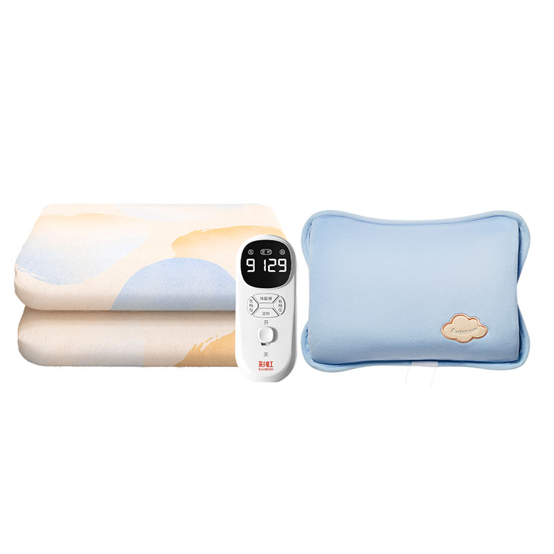 彩虹双控双温9档调温定时除螨化纤印花双人电热毯2*1.8米 T2018+插手电热暖手宝T322-L 蓝色