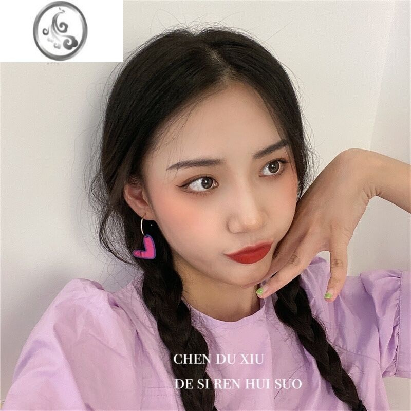 JiMi日韩新款抽象可爱撞色爱心耳饰女甜美童趣比心糖果紫色系耳环耳夹