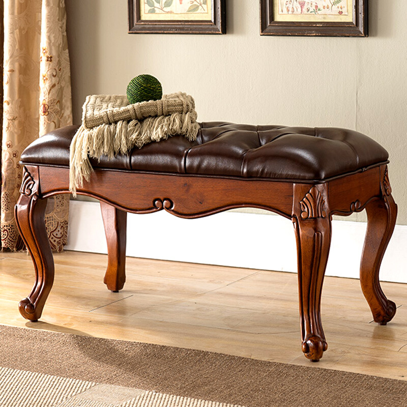 淮木美式真皮换鞋凳进换鞋凳脚凳沙凳实木凳子欧式床尾凳穿鞋凳
