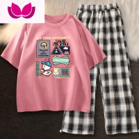 七斓休闲套装女夏季2022新款夏款宽松时尚洋气套减龄网红 L 深粉(游戏鸭)+黑格子裤