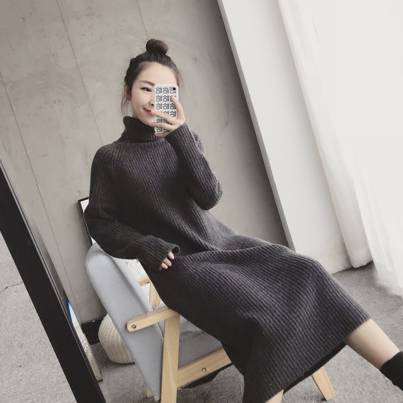 帝紫规新款女装针织连衣裙女秋冬装长袖内搭打底裙中长款高领毛衣女
