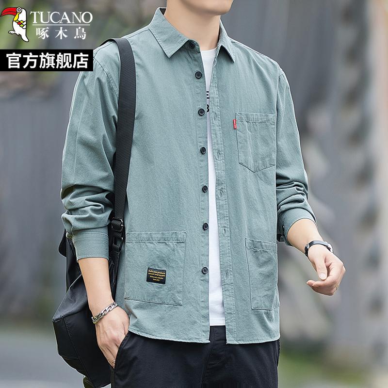 啄木鸟100%纯棉衬衫男士长袖2025新款春秋休闲衬衣工装外套潮1秋高清大图