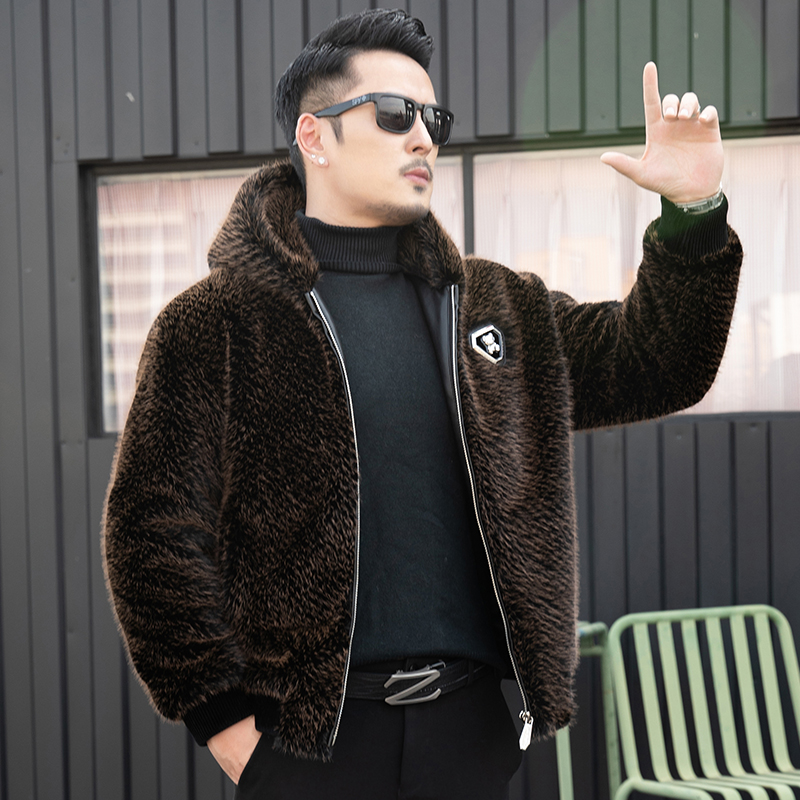 免费试穿 高端金貂绒毛呢夹克春秋装新款男时尚翻领加厚保暖皮草外套潮真皮皮毛一体金貂绒男士水貂翻领大衣加厚休闲夹克外套潮高清大图