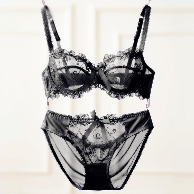 hlcoman超薄文胸套装小胸聚拢蕾丝性感内衣调整型诱惑透明网纱胸罩女