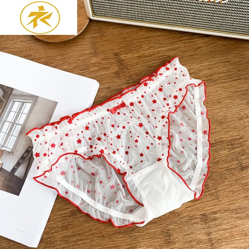 ideamini日系性感透明蕾丝网纱内裤女网纱植绒小星星包臀三角裤可爱