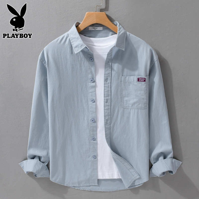 花花公子纯棉衬衫男士长袖夏季日系潮流寸衫免熨烫休闲衬衣外套男公高清大图