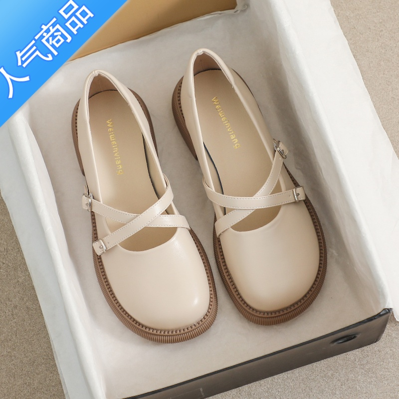 SUNTEK厚底乐福鞋女2023新款复古圆头玛丽珍鞋法式可爱学院风单鞋女软底