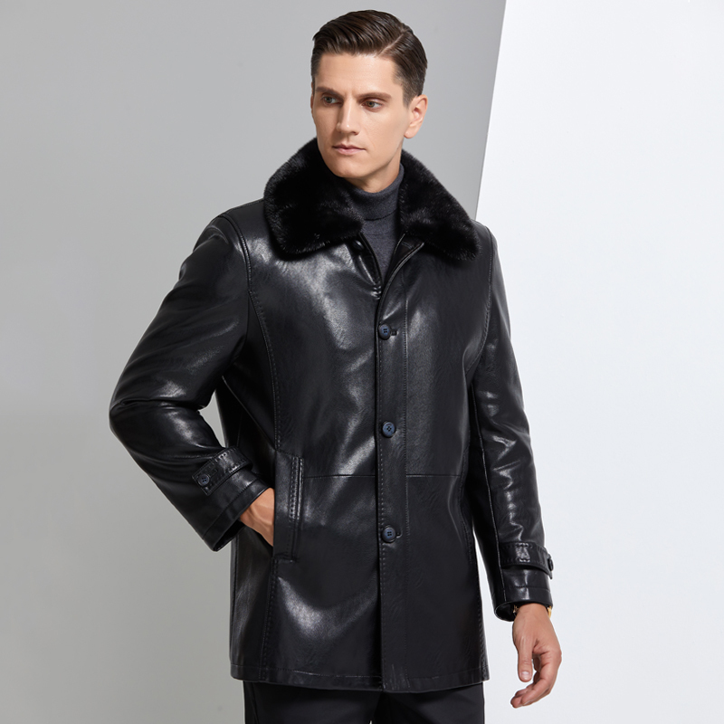 [送礼皮草可拆卸内胆]高端皮草春秋外套海宁真皮派克服男装春秋装中老年防寒男中长款狐狸大毛领貂绒内胆中年爸爸装尼克服大衣男高清大图