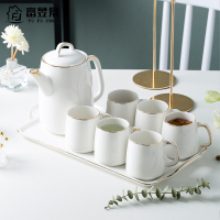 富昱景景 德镇陶瓷轻生活水壶水杯茶具一壶六杯带托盘珍珠白
